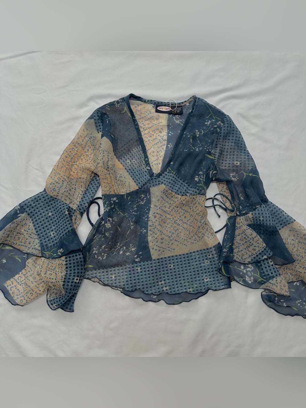 y2k Zoey Beth patchwork mesh bell sleeve tie back flowy top